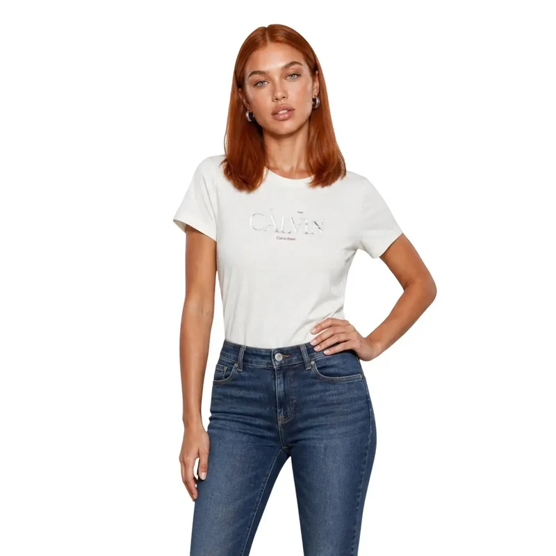 Calvin Klein Jeans Damen Baumwoll-T-Shirt mit Rundhalsausschnitt, Weiß