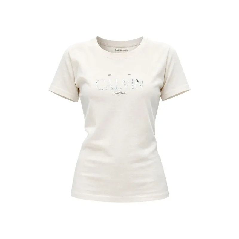 Calvin Klein Jeans Damen Baumwoll-T-Shirt mit Rundhalsausschnitt, Weiß