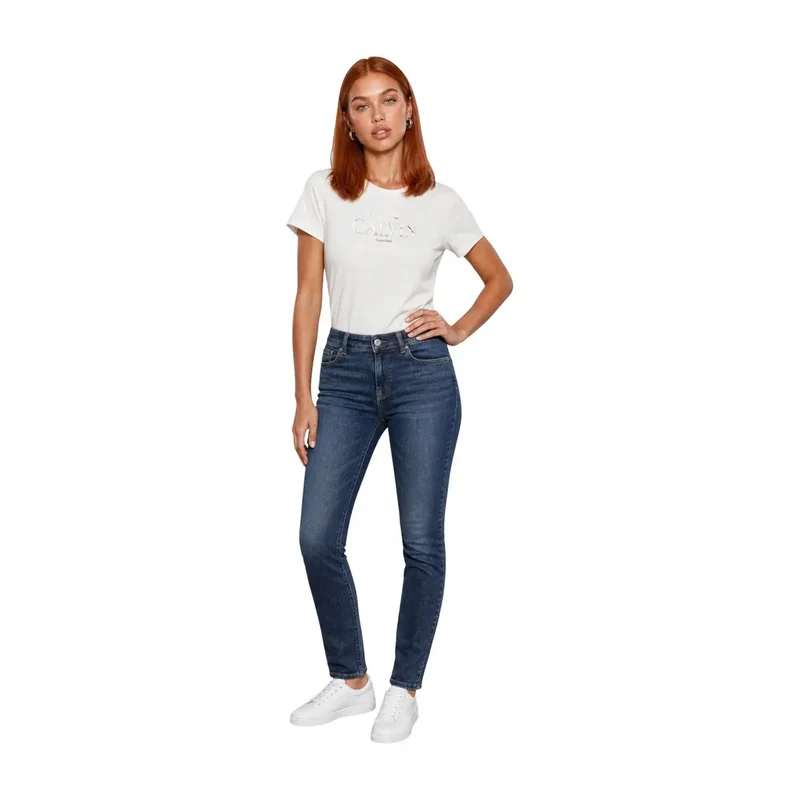 Calvin Klein Jeans Damen Baumwoll-T-Shirt mit Rundhalsausschnitt, Weiß