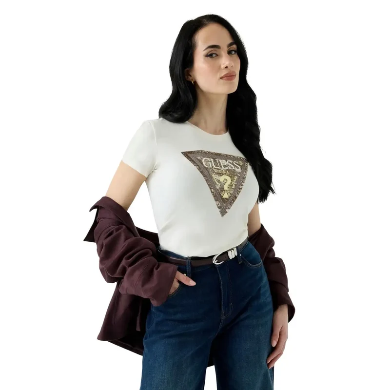 Guess: Damen Baumwolle Schlangen-Dreiecks-weißes Rundhals-T-Shirt