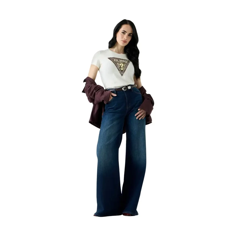 Guess: Damen Baumwolle Schlangen-Dreiecks-weißes Rundhals-T-Shirt