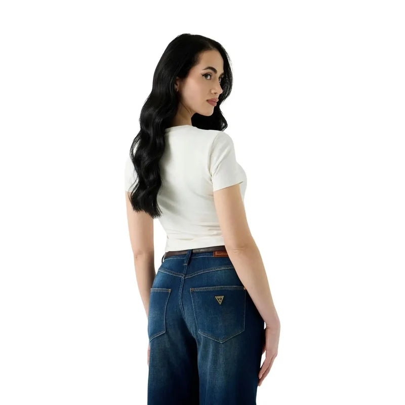 Guess: Damen Baumwolle Schlangen-Dreiecks-weißes Rundhals-T-Shirt