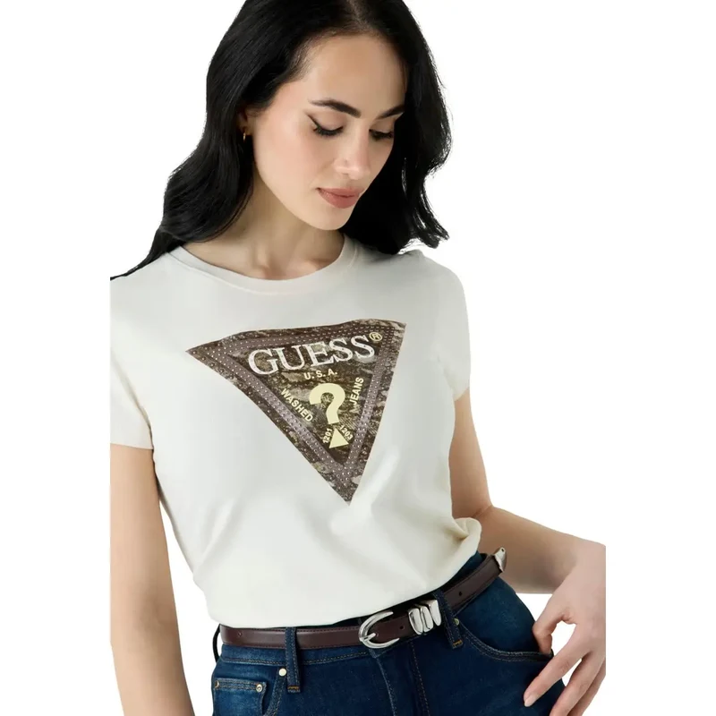 Guess: Damen Baumwolle Schlangen-Dreiecks-weißes Rundhals-T-Shirt