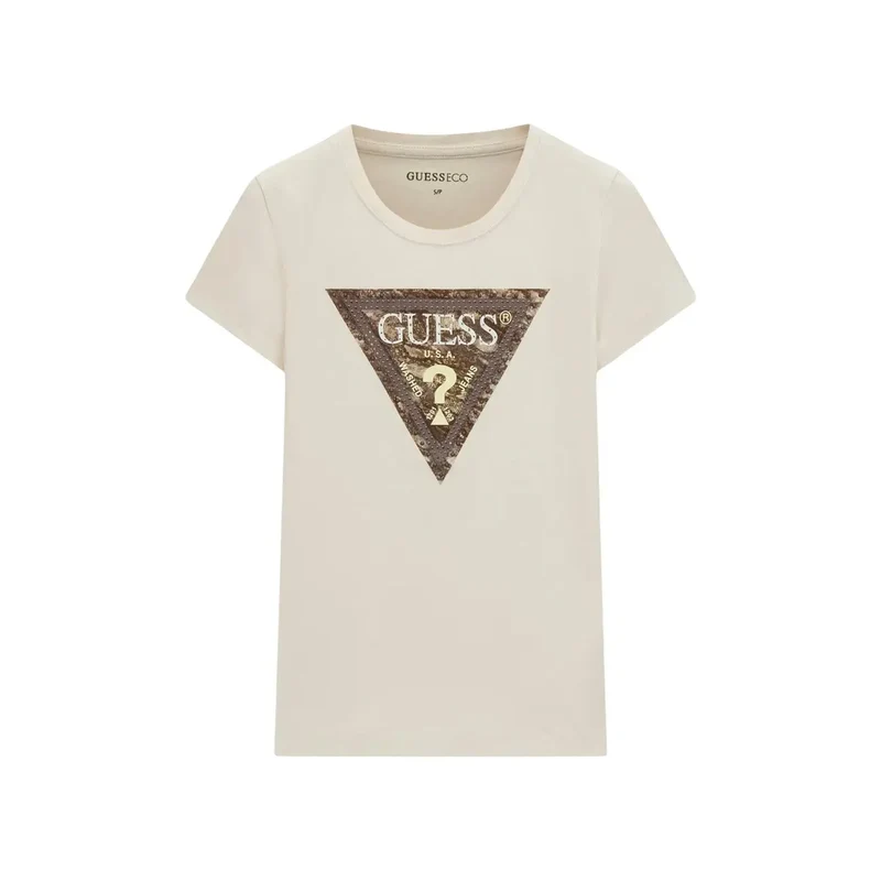 Guess: Damen Baumwolle Schlangen-Dreiecks-weißes Rundhals-T-Shirt