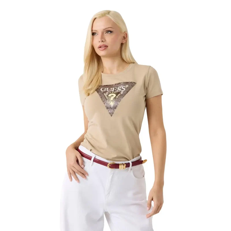 Guess: Damen Baumwolle Schlangen-Dreiecks-weißes Rundhals-T-Shirt