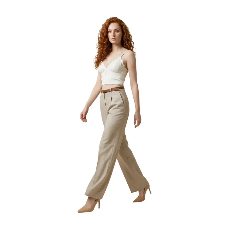 Damenhosen aus Polyester in Beige mit Reißverschluss und Knopf, hergestellt in Italien