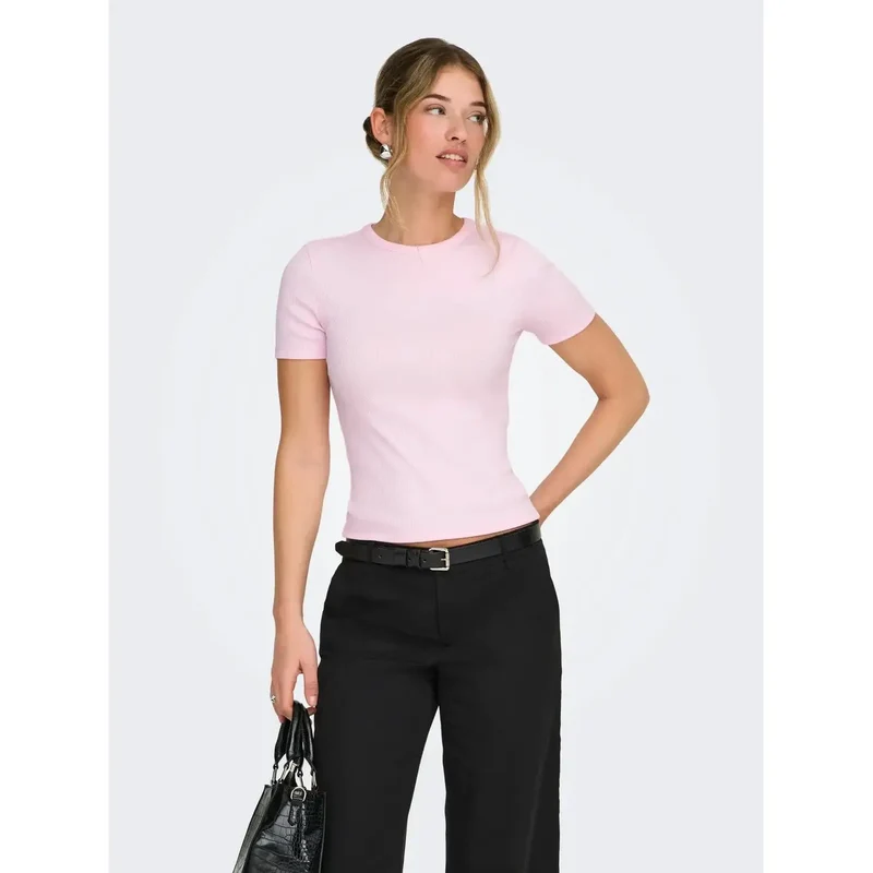 Only: Rosa Kurzärmeliges T-Shirt mit Rundhalsausschnitt aus Polyester, aus Polyester-Mischgewebe