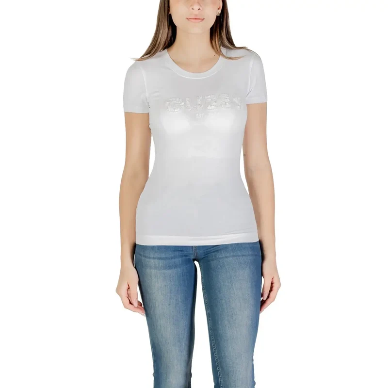 Guess weiße Baumwoll-Bildruck-Logokleidungsstücke für Frauen mit Pailletten, kurzes T-Shirt