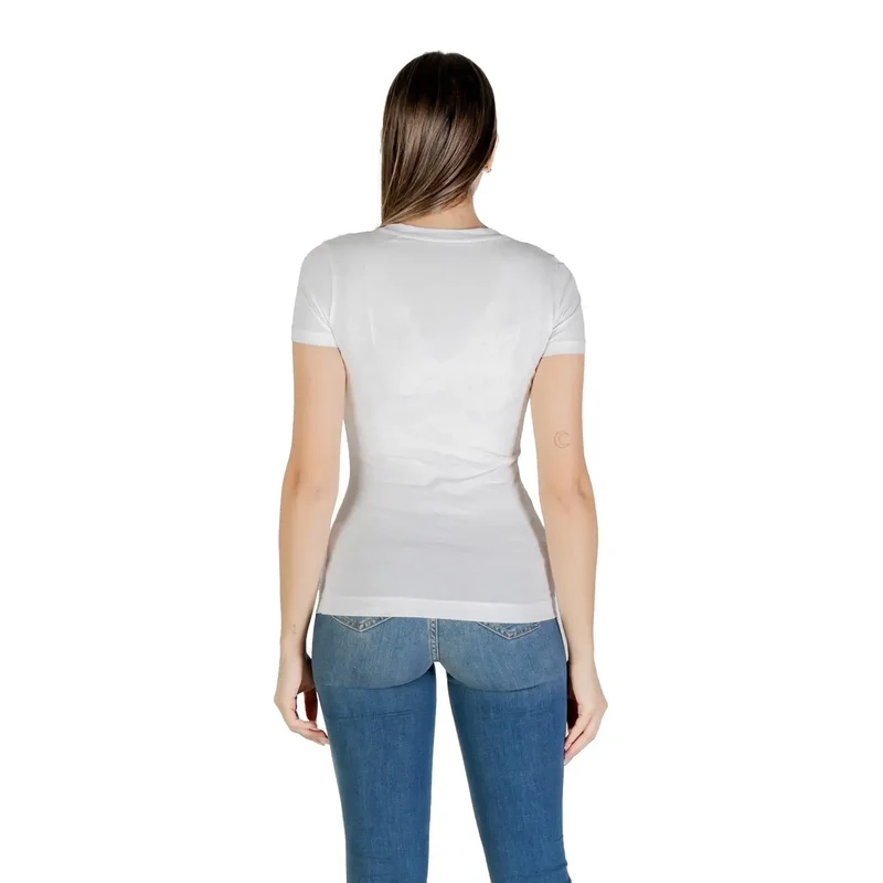 Guess weiße Baumwoll-Bildruck-Logokleidungsstücke für Frauen mit Pailletten, kurzes T-Shirt