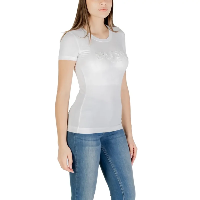 Guess weiße Baumwoll-Bildruck-Logokleidungsstücke für Frauen mit Pailletten, kurzes T-Shirt