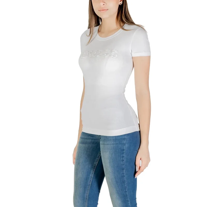 Guess weiße Baumwoll-Bildruck-Logokleidungsstücke für Frauen mit Pailletten, kurzes T-Shirt