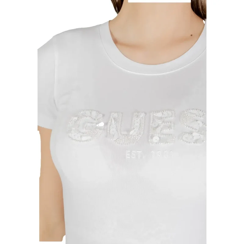 Guess weiße Baumwoll-Bildruck-Logokleidungsstücke für Frauen mit Pailletten, kurzes T-Shirt