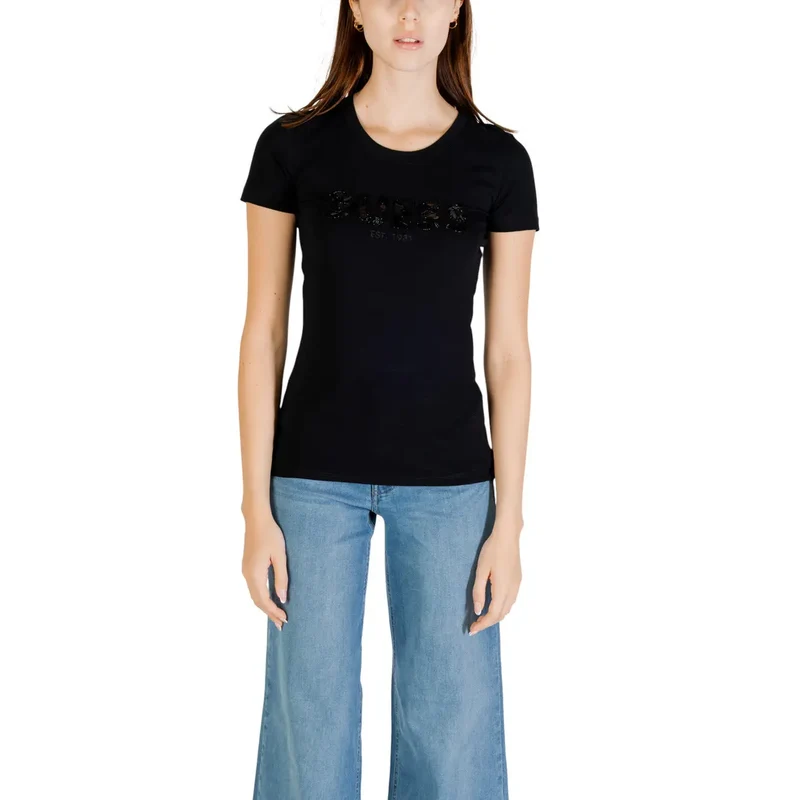 Guess weiße Baumwoll-Bildruck-Logokleidungsstücke für Frauen mit Pailletten, kurzes T-Shirt