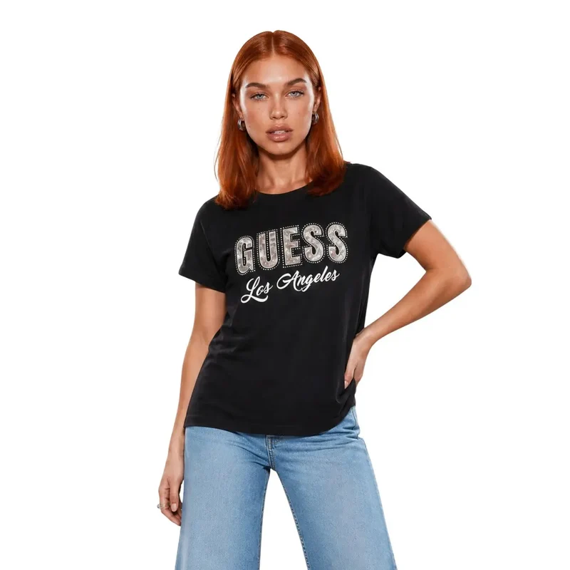 Damen T-Shirt aus schwarzer Baumwolle im klassischen Stil mit kurzem Ärmel