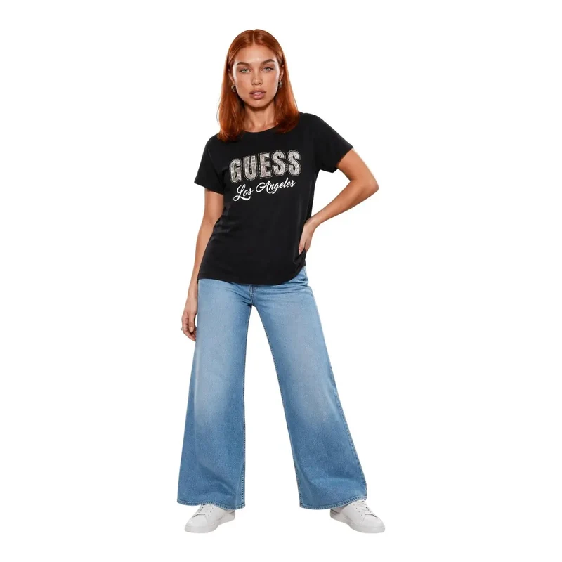 Damen T-Shirt aus schwarzer Baumwolle im klassischen Stil mit kurzem Ärmel