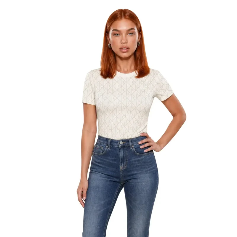 Calvin Klein Jeans Damen weißes Baumwoll-T-Shirt mit geometrischem Muster