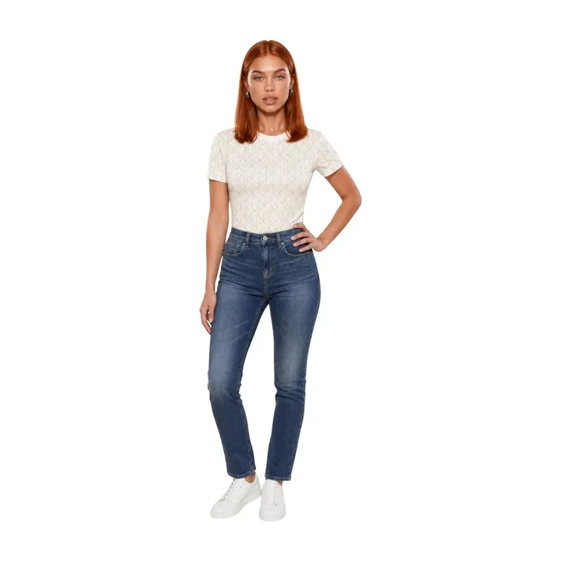 Calvin Klein Jeans Damen weißes Baumwoll-T-Shirt mit geometrischem Muster