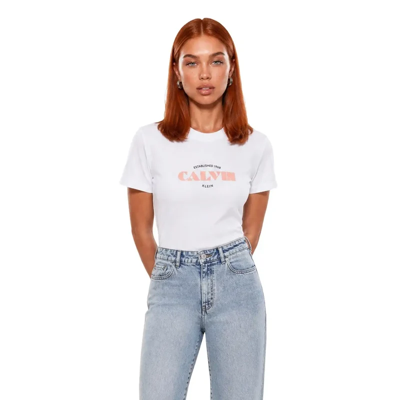 Calvin Klein Jeans Damen Baumwoll-T-Shirt mit kurzem Ärmel, weiß