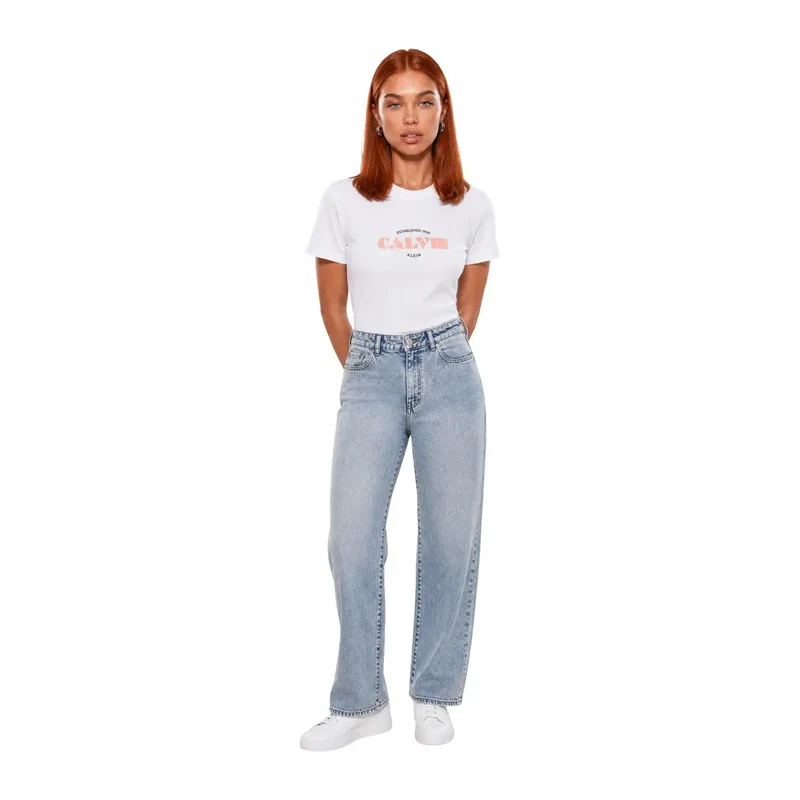 Calvin Klein Jeans Damen Baumwoll-T-Shirt mit kurzem Ärmel, weiß