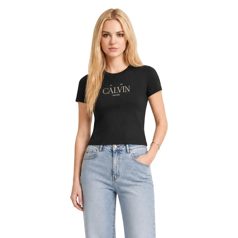 Calvin Klein Jeans Damen Schwarzes Baumwoll-Kurzarmshirt im klassischen Stil