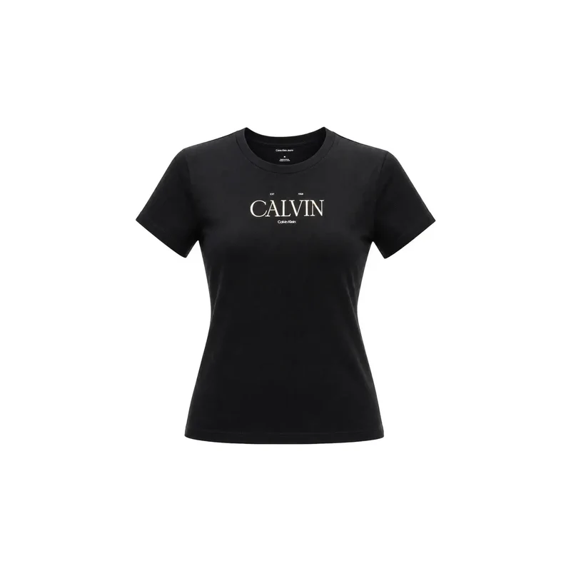 Calvin Klein Jeans Damen Schwarzes Baumwoll-Kurzarmshirt im klassischen Stil