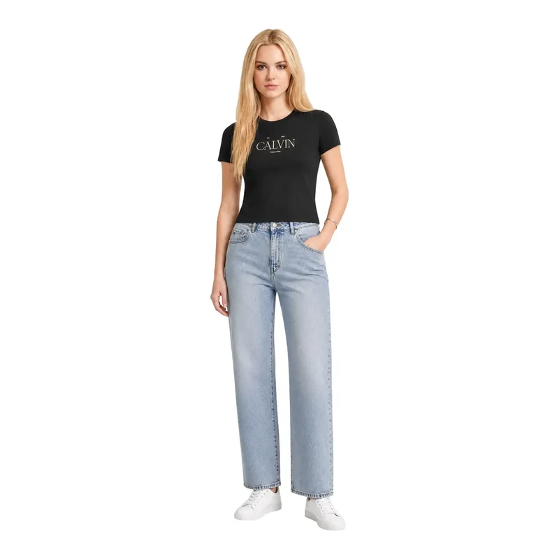 Calvin Klein Jeans Damen Schwarzes Baumwoll-Kurzarmshirt im klassischen Stil