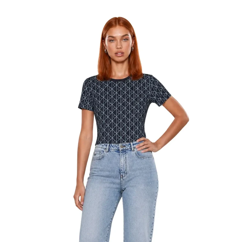 Calvin Klein Jeans Damen Blaues Geometrisches Baumwoll-T-Shirt
