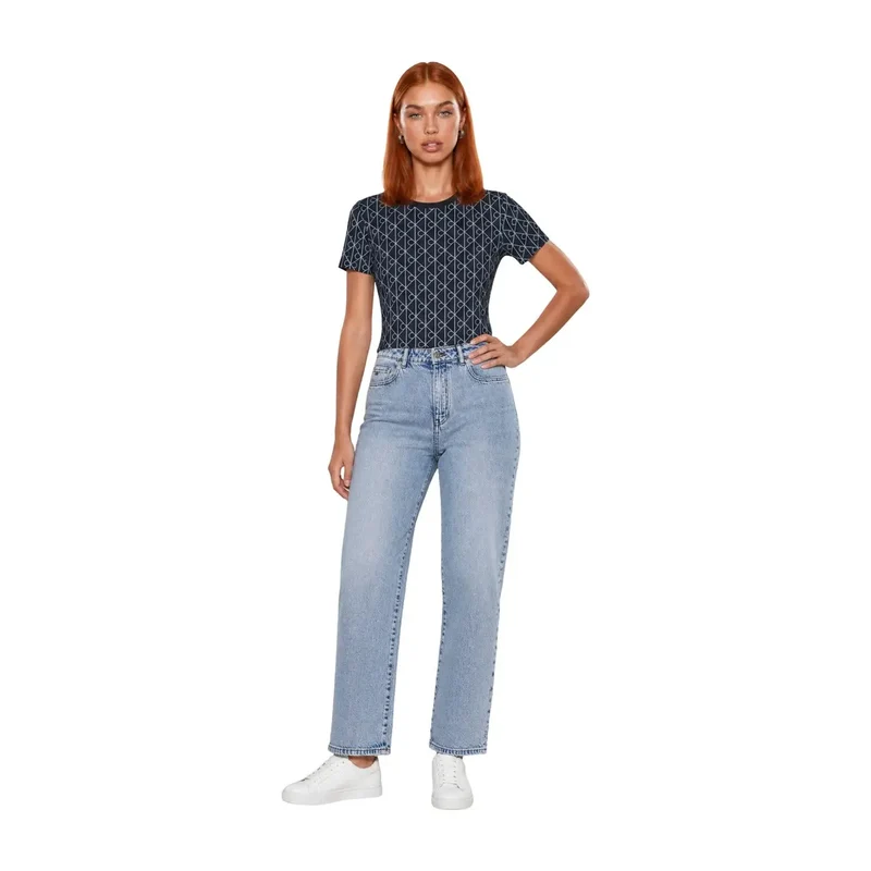 Calvin Klein Jeans Damen Blaues Geometrisches Baumwoll-T-Shirt