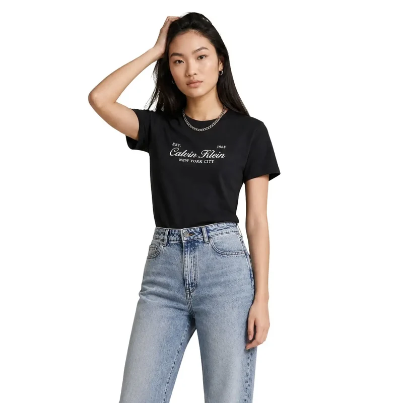 Calvin Klein Jeans Damen Schwarzes Baumwoll-Kurzarm-T-Shirt Klassisch
