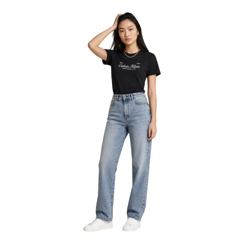 Calvin Klein Jeans Damen Schwarzes Baumwoll-Kurzarm-T-Shirt Klassisch
