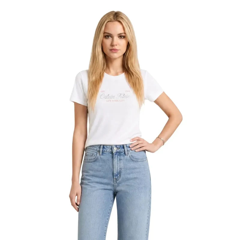 Calvin Klein Jeans Damen Weißes Baumwollklassisches Kurzarm-Shirt