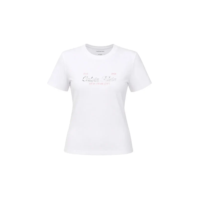 Calvin Klein Jeans Damen Weißes Baumwollklassisches Kurzarm-Shirt