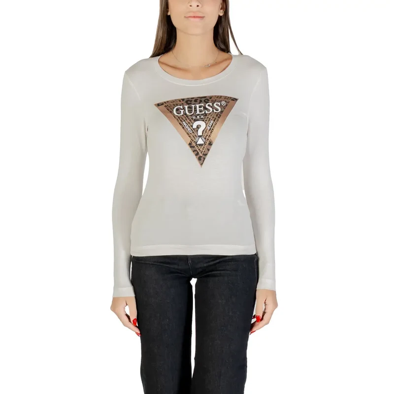 Guess Frauen Langarm Schwarz Rundhalsausschnitt Print T Shirt