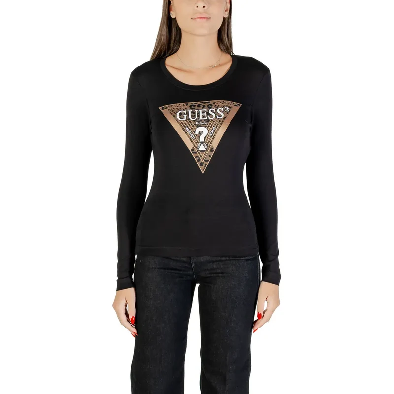 Guess Frauen Langarm Schwarz Rundhalsausschnitt Print T Shirt