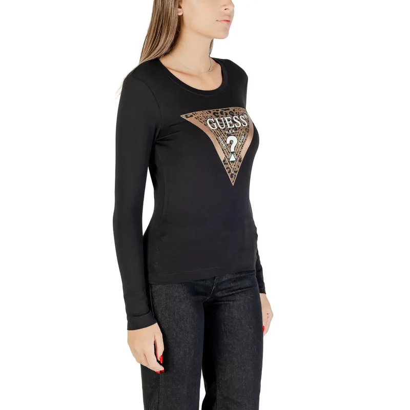 Guess Frauen Langarm Schwarz Rundhalsausschnitt Print T Shirt