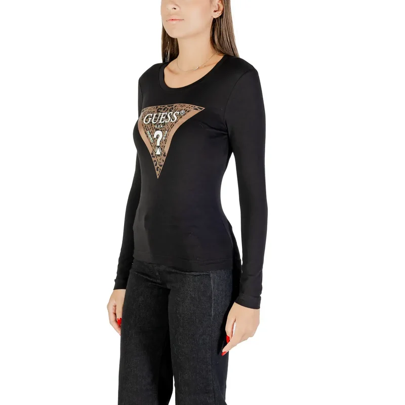 Guess Frauen Langarm Schwarz Rundhalsausschnitt Print T Shirt