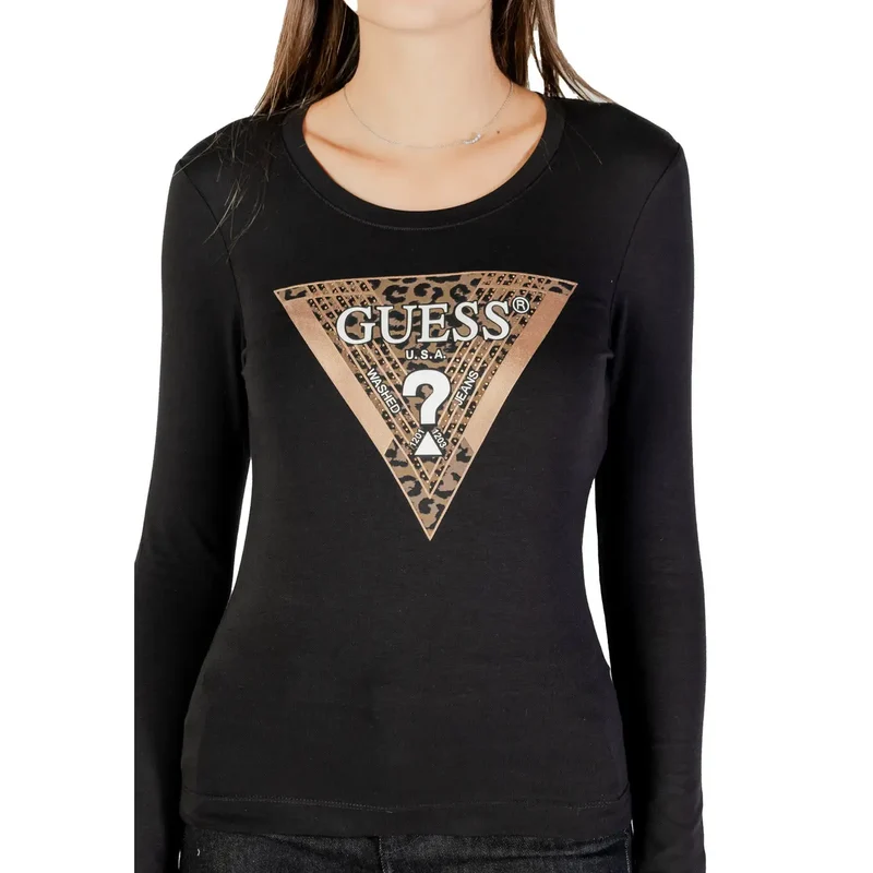 Guess Frauen Langarm Schwarz Rundhalsausschnitt Print T Shirt