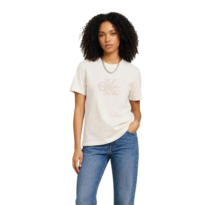 Calvin Klein Jeans Damen T-Shirt aus weißer Baumwolle mit Rundhalsausschnitt