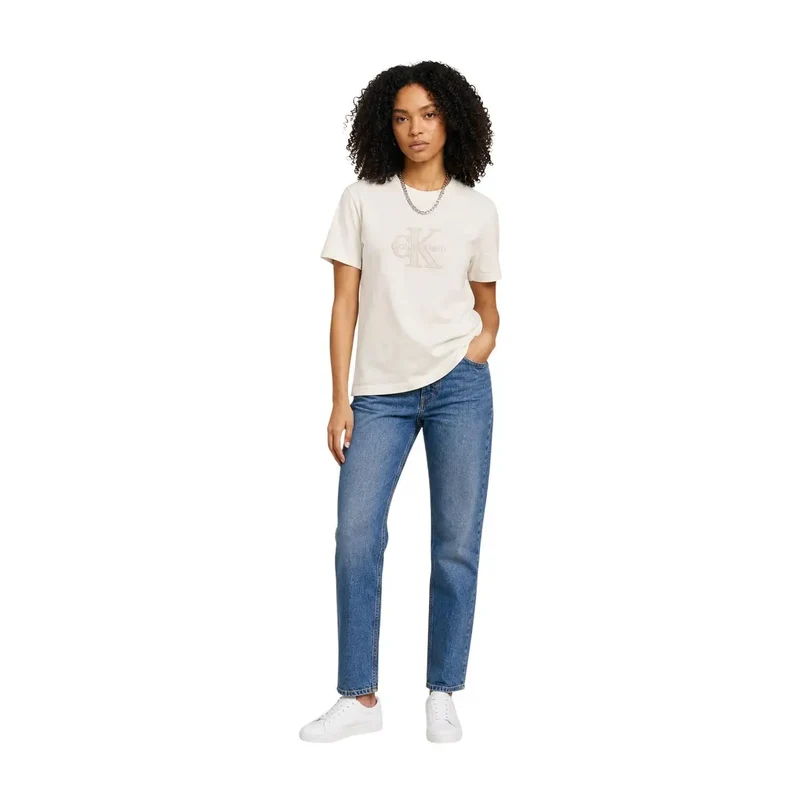 Calvin Klein Jeans Damen T-Shirt aus weißer Baumwolle mit Rundhalsausschnitt