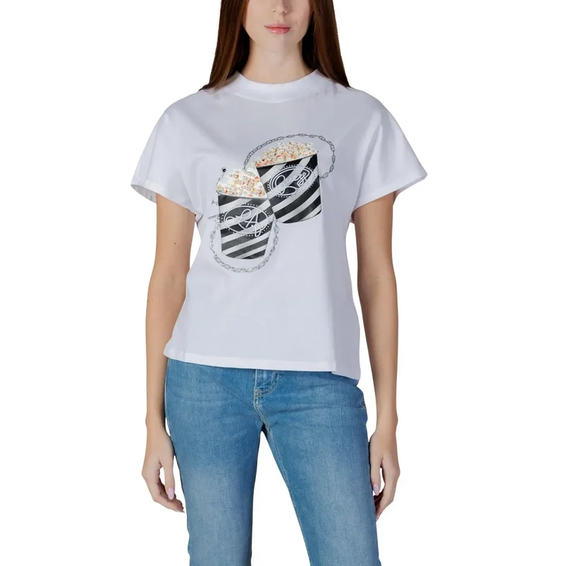 Damen-T-Shirt aus Baumwolle, weiß, mit Strasssteinen, Popcorn-Print