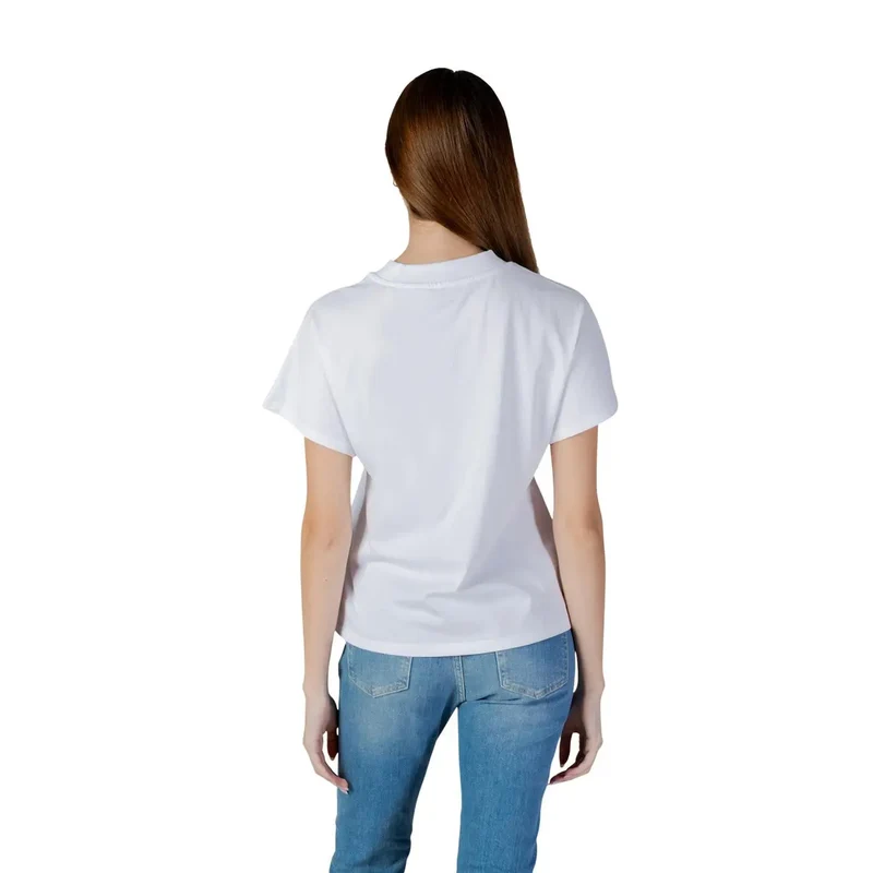 Damen-T-Shirt aus Baumwolle, weiß, mit Strasssteinen, Popcorn-Print