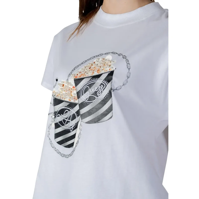 Damen-T-Shirt aus Baumwolle, weiß, mit Strasssteinen, Popcorn-Print
