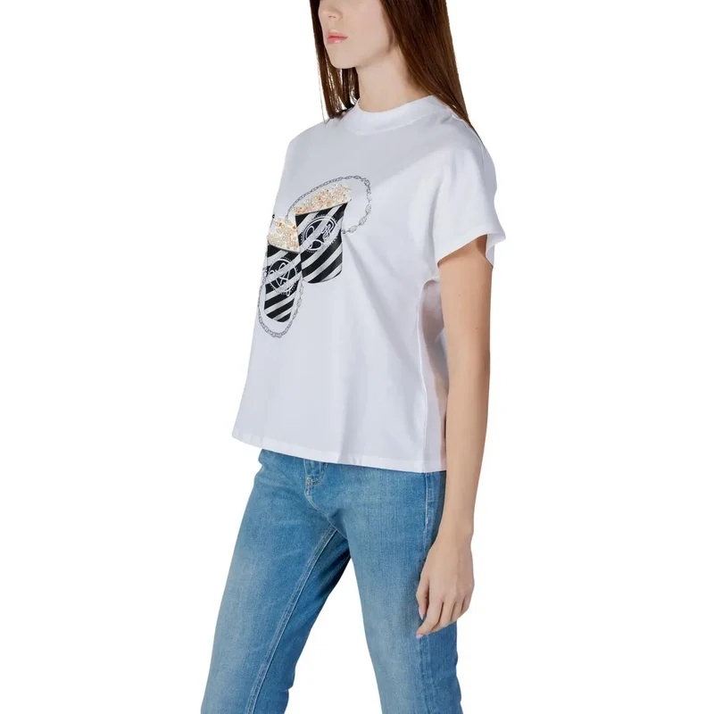 Damen-T-Shirt aus Baumwolle, weiß, mit Strasssteinen, Popcorn-Print