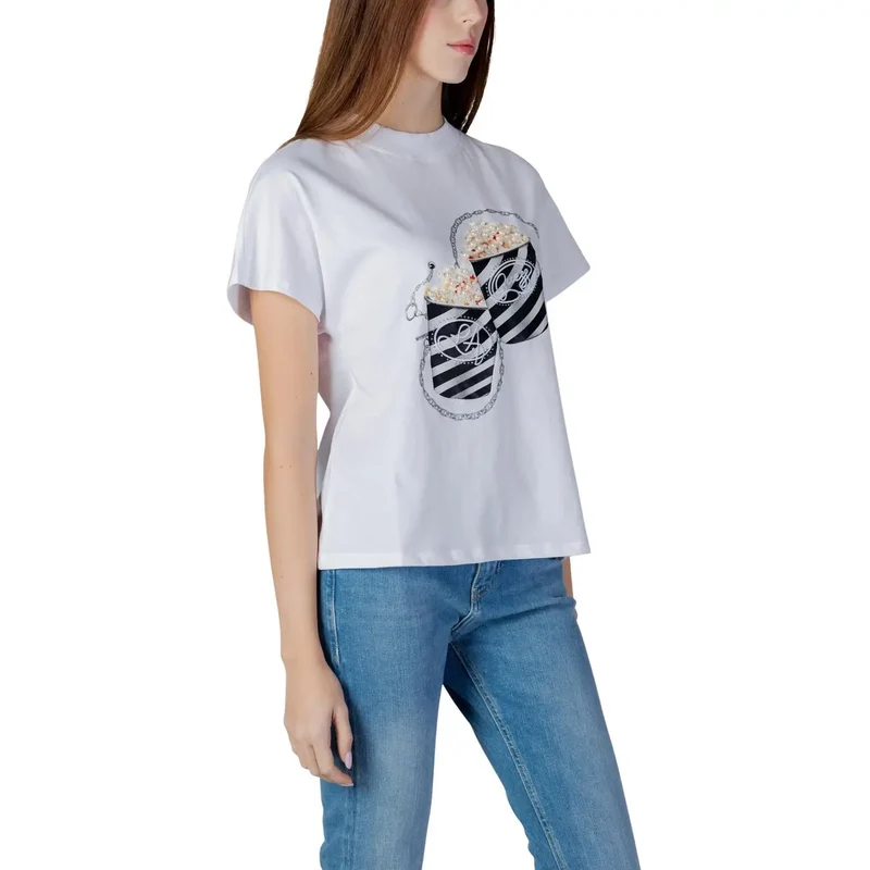 Damen-T-Shirt aus Baumwolle, weiß, mit Strasssteinen, Popcorn-Print