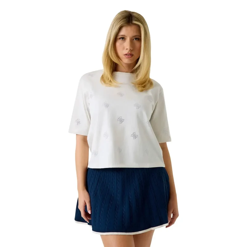 Guess Damen-T-Shirt aus weißer Baumwolle mit Strassverzierungen, Silvy-Stil, Rundhalsausschnitt