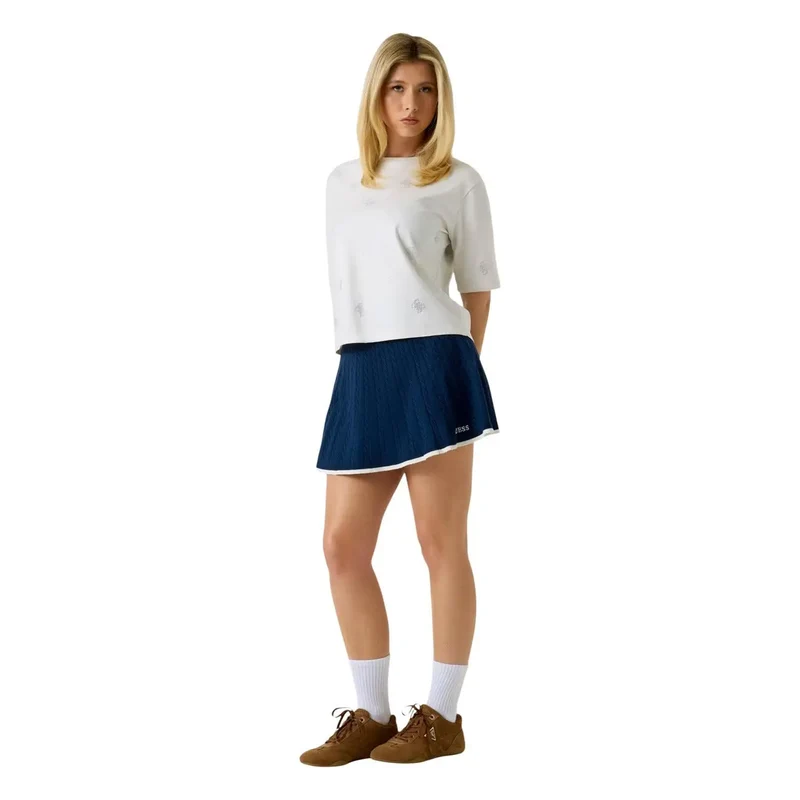 Guess Damen-T-Shirt aus weißer Baumwolle mit Strassverzierungen, Silvy-Stil, Rundhalsausschnitt