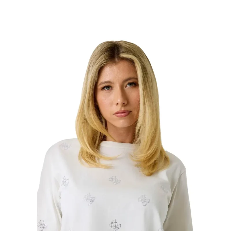 Guess Damen-T-Shirt aus weißer Baumwolle mit Strassverzierungen, Silvy-Stil, Rundhalsausschnitt