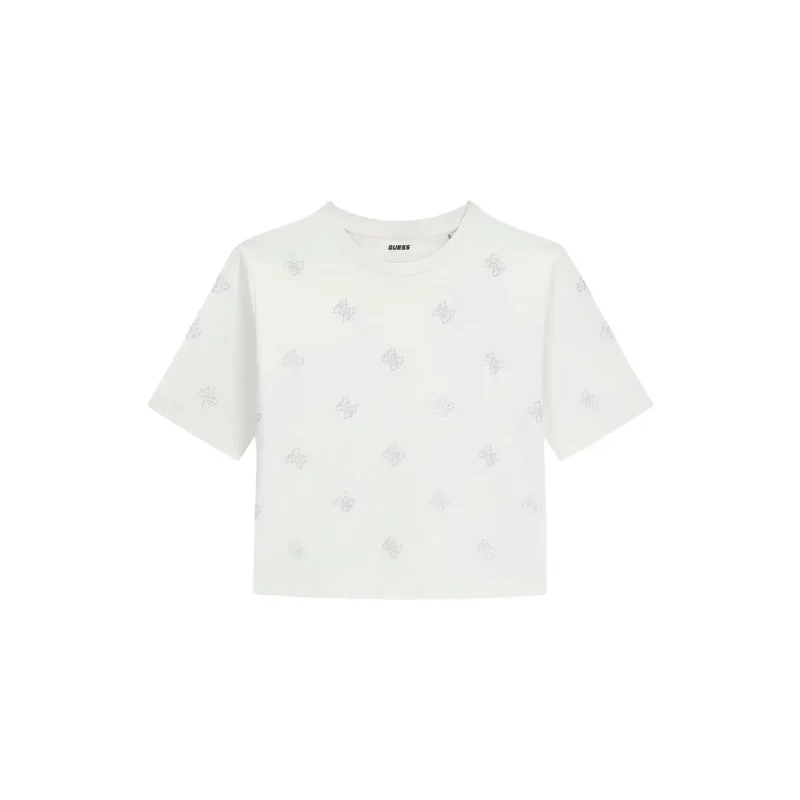 Guess Damen-T-Shirt aus weißer Baumwolle mit Strassverzierungen, Silvy-Stil, Rundhalsausschnitt