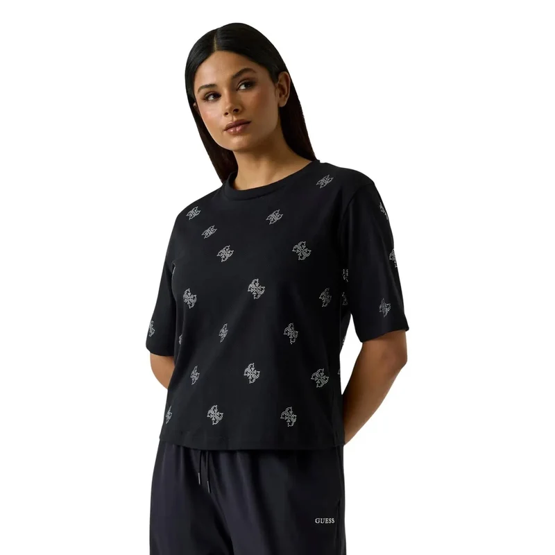 Guess Damen-T-Shirt aus weißer Baumwolle mit Strassverzierungen, Silvy-Stil, Rundhalsausschnitt
