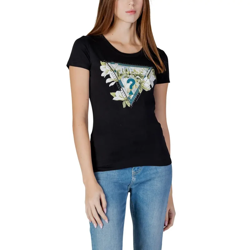 Damen-T-Shirt aus Baumwolle mit Rhinestone-Logo, schwarz, Rundhalsausschnitt